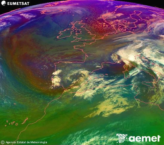 RGB-a Meteosat eragiketa-sateliteko hainbat kanal 0W-a 0N-ean, aire-masen eta hodeitzaren ezaugarrien erakusgarri izango dena. astelehena, 2025ko azaroak 17, ordua: 03:00