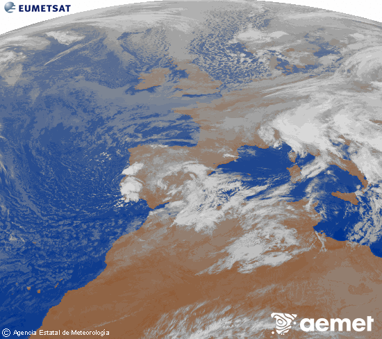 Imatge de la zona d'Europa i Nord d'frica del canal infraroig del satllit Meteosat operacional en 0N 0W, processada per a donar-li color. dilluns, 17 de novembre  2025 03:00