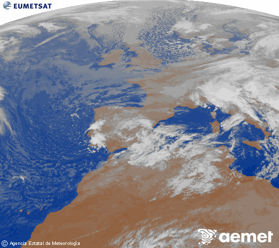 Imagen de la zona de Europa y Norte de frica del canal infrarrojo del satlite Meteosat operacional en 0N 0W, procesada para darle color. lunes, 17 noviembre 2025 a las 04:00