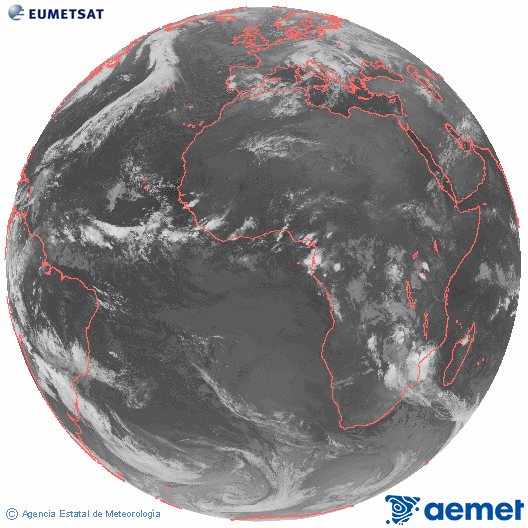 Imagen global del canal infrarrojo (10.8 μm) del satlite Meteosat, perteneciente a la serie MSG (Meteosat Segunda Generacin) y situado en 0N 0E. astelehena, 2025ko azaroak 17, ordua: 04:00