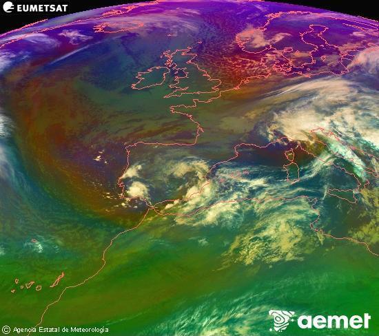 RGB composition where several channels of satellite Meteosat operational in 0 N 0 W are mixed, providing air mass and cloudiness features. Monday, 17 November  2025 05:00