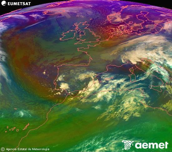 RGB composition where several channels of satellite Meteosat operational in 0 N 0 W are mixed, providing air mass and cloudiness features. Monday, 17 November  2025 06:00