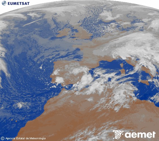 Imagen de la zona de Europa y Norte de frica del canal infrarrojo del satlite Meteosat operacional en 0N 0W, procesada para darle color. astelehena, 2025ko azaroak 17, ordua: 06:00