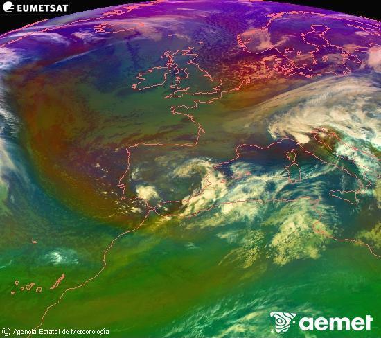 RGB composition where several channels of satellite Meteosat operational in 0 N 0 W are mixed, providing air mass and cloudiness features. Monday, 17 November  2025 07:00