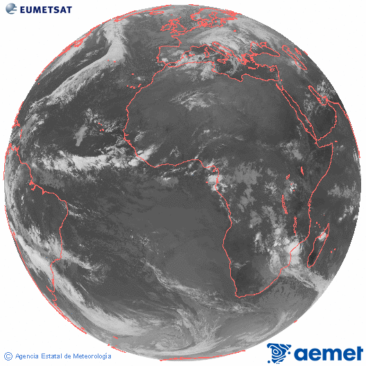 Imagen global del canal infrarrojo (10.8 μm) del satlite Meteosat, perteneciente a la serie MSG (Meteosat Segunda Generacin) y situado en 0N 0E. astelehena, 2025ko azaroak 17, ordua: 07:00