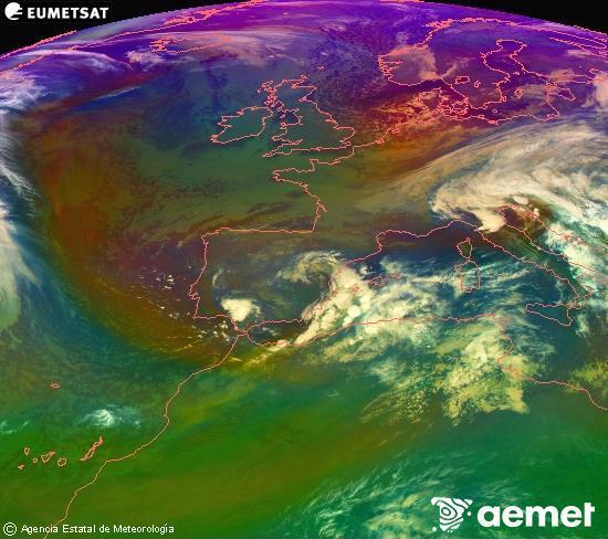 RGB composition where several channels of satellite Meteosat operational in 0 N 0 W are mixed, providing air mass and cloudiness features. Monday, 17 November  2025 08:00