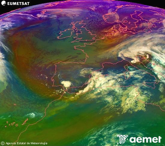 Composicin RGB en la que se mezclan varios canales del satlite Meteosat operacional en 0N 0W, que nos da una idea de las caractersticas de las masas de aire y de la nubosidad. lunes, 17 noviembre 2025 a las 09:00
