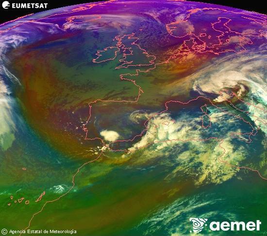 Composicin RGB en la que se mezclan varios canales del satlite Meteosat operacional en 0N 0W, que nos da una idea de las caractersticas de las masas de aire y de la nubosidad. lunes, 17 noviembre 2025 a las 10:00