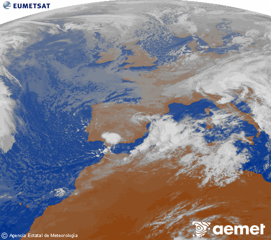 Imagen de la zona de Europa y Norte de frica del canal infrarrojo del satlite Meteosat operacional en 0N 0W, procesada para darle color. astelehena, 2025ko azaroak 17, ordua: 10:00