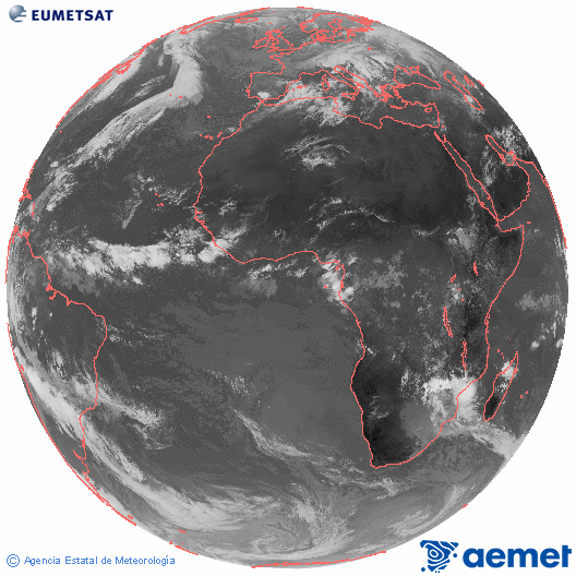Imagen global del canal infrarrojo (10.8 μm) del satlite Meteosat, perteneciente a la serie MSG (Meteosat Segunda Generacin) y situado en 0N 0E. astelehena, 2025ko azaroak 17, ordua: 10:00