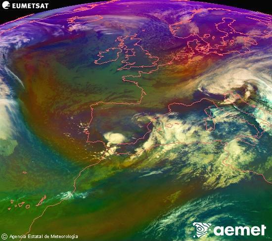 Composicin RGB en la que se mezclan varios canales del satlite Meteosat operacional en 0N 0W, que nos da una idea de las caractersticas de las masas de aire y de la nubosidad. lunes, 17 noviembre 2025 a las 11:00