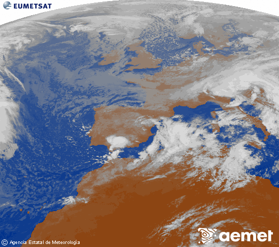 Imagen de la zona de Europa y Norte de frica del canal infrarrojo del satlite Meteosat operacional en 0N 0W, procesada para darle color. lundi, 17 novembre  2025 11:00