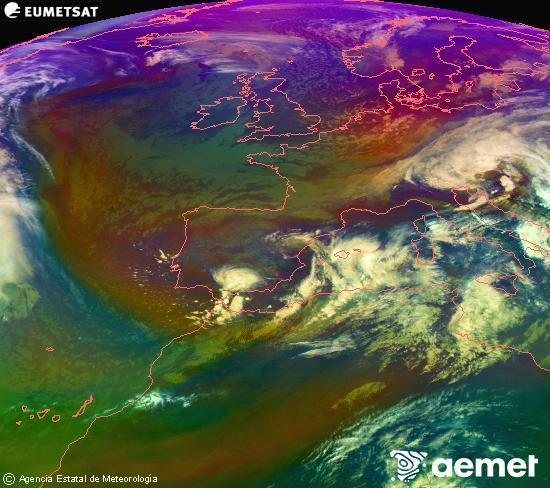 Composicin RGB en la que se mezclan varios canales del satlite Meteosat operacional en 0N 0W, que nos da una idea de las caractersticas de las masas de aire y de la nubosidad. lunes, 17 noviembre 2025 a las 12:00