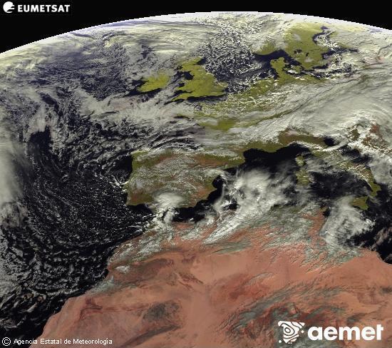Esta imagen se genera utilizando informacin de los canales visibles del satlite METEOSAT perteneciente a la segunda generacin de satlites Meteosat (MSG). Por ese motivo, slo hay informacin en la zona iluminada por el sol. Adems, los canales han sido normalizados para que el brillo no dependa de la posicin del sol. lundi, 17 novembre  2025 12:00
