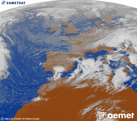 Imagen de la zona de Europa y Norte de frica del canal infrarrojo del satlite Meteosat operacional en 0N 0W, procesada para darle color. lundi, 17 novembre  2025 12:00