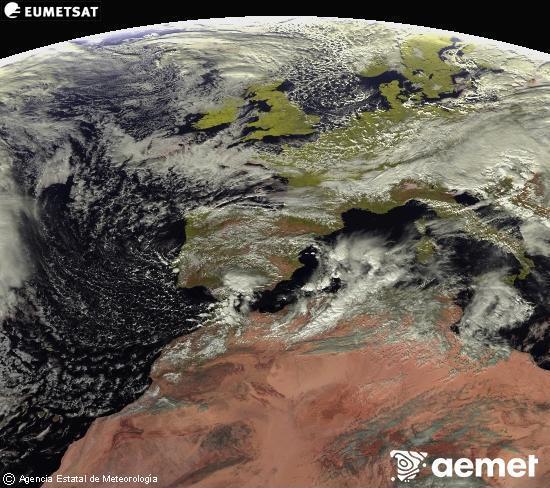 Esta imagen se genera utilizando informacin de los canales visibles del satlite METEOSAT perteneciente a la segunda generacin de satlites Meteosat (MSG). Por ese motivo, slo hay informacin en la zona iluminada por el sol. Adems, los canales han sido normalizados para que el brillo no dependa de la posicin del sol. lundi, 17 novembre  2025 13:00