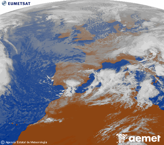Imagen de la zona de Europa y Norte de frica del canal infrarrojo del satlite Meteosat operacional en 0N 0W, procesada para darle color. lunes, 17 noviembre 2025 a las 13:00