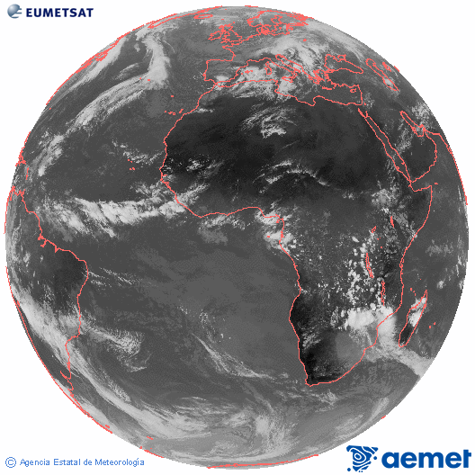 Imagen global del canal infrarrojo (10.8 μm) del satlite Meteosat, perteneciente a la serie MSG (Meteosat Segunda Generacin) y situado en 0N 0E. astelehena, 2025ko azaroak 17, ordua: 13:00