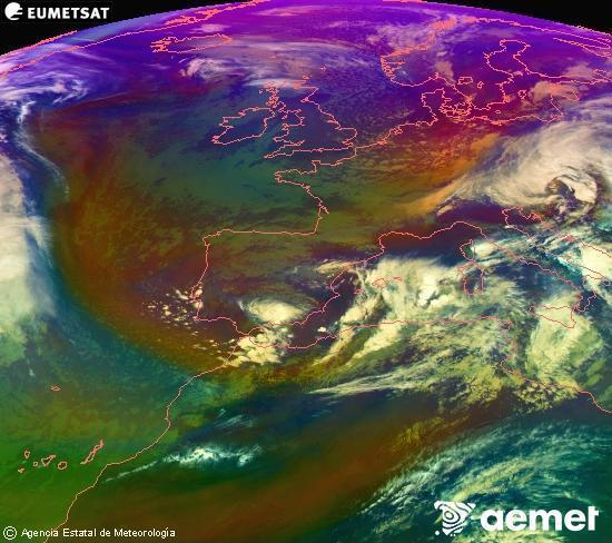 Composicin RGB en la que se mezclan varios canales del satlite Meteosat operacional en 0N 0W, que nos da una idea de las caractersticas de las masas de aire y de la nubosidad. lunes, 17 noviembre 2025 a las 14:00