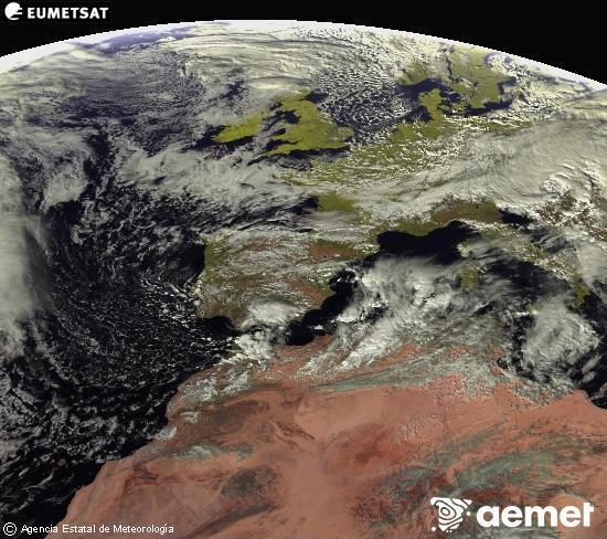 Esta imagen se genera utilizando informacin de los canales visibles del satlite METEOSAT perteneciente a la segunda generacin de satlites Meteosat (MSG). Por ese motivo, slo hay informacin en la zona iluminada por el sol. Adems, los canales han sido normalizados para que el brillo no dependa de la posicin del sol. lundi, 17 novembre  2025 14:00