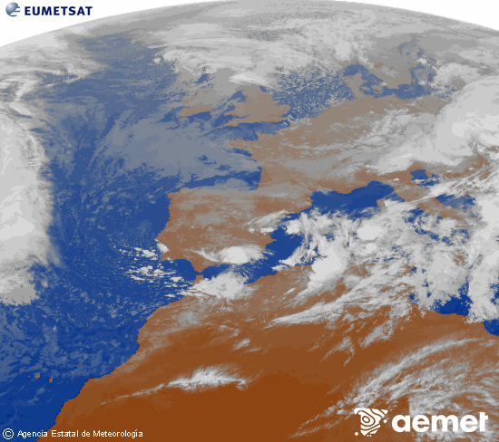 Imatge de la zona d'Europa i Nord d'frica del canal infraroig del satllit Meteosat operacional en 0N 0W, processada per a donar-li color. dilluns, 17 de novembre  2025 17:00