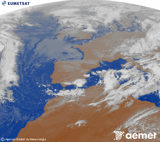 Imagen de la zona de Europa y Norte de frica del canal infrarrojo del satlite Meteosat operacional en 0N 0W, procesada para darle color. Monday, 17 November  2025 20:00