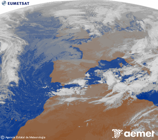 Imagen de la zona de Europa y Norte de frica del canal infrarrojo del satlite Meteosat operacional en 0N 0W, procesada para darle color. astelehena, 2025ko azaroak 17, ordua: 22:00