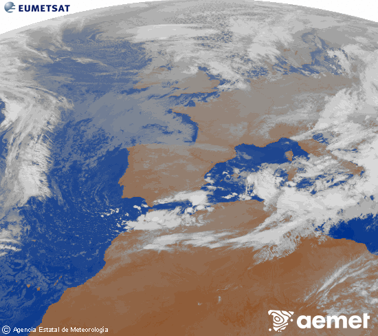 Imagen de la zona de Europa y Norte de frica del canal infrarrojo del satlite Meteosat operacional en 0N 0W, procesada para darle color. lunes, 17 noviembre 2025 a las 23:00