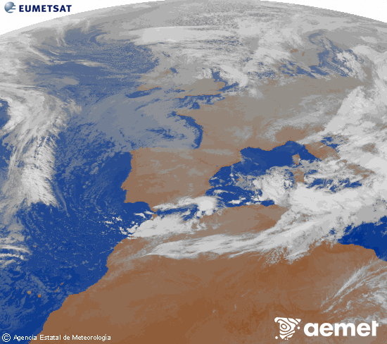 Imagen de la zona de Europa y Norte de frica del canal infrarrojo del satlite Meteosat operacional en 0N 0W, procesada para darle color. martes, 18 noviembre 2025 a las 00:00