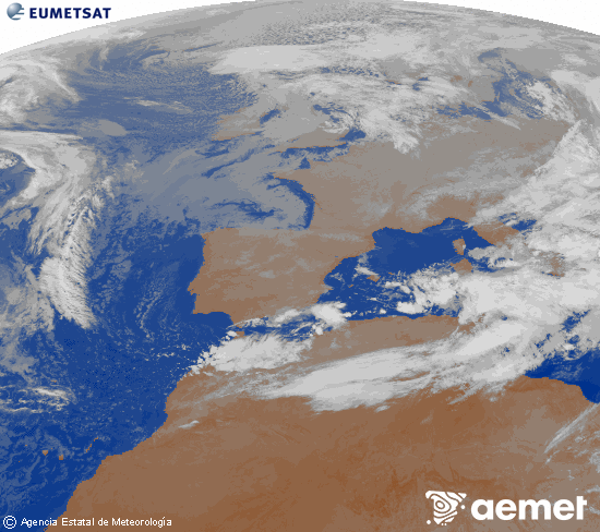 Imagen de la zona de Europa y Norte de frica del canal infrarrojo del satlite Meteosat operacional en 0N 0W, procesada para darle color. martes, 18 noviembre 2025 a las 02:00