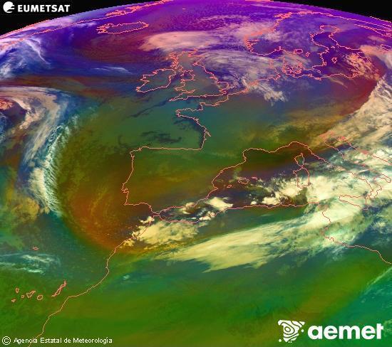 Composition RGB dans laquelle se mlangent diffrents canaux du satellite Meteosat operational in 0N 0W, l'informacin des caractristiques sur les masses d'air et les nuages. mardi, 18 novembre  2025 03:00