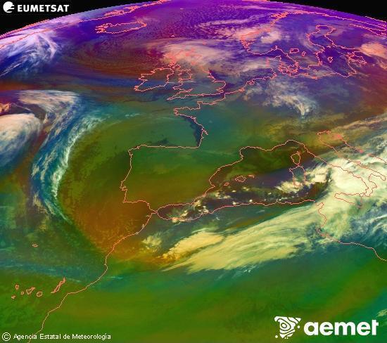 Composition RGB dans laquelle se mlangent diffrents canaux du satellite Meteosat operational in 0N 0W, l'informacin des caractristiques sur les masses d'air et les nuages. mardi, 18 novembre  2025 08:00