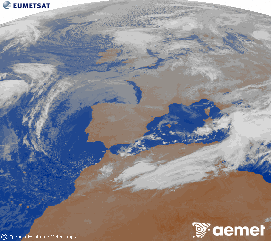 Imagen de la zona de Europa y Norte de frica del canal infrarrojo del satlite Meteosat operacional en 0N 0W, procesada para darle color. martes, 18 noviembre 2025 a las 08:00