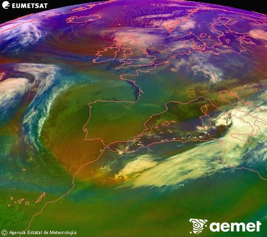 Composition RGB dans laquelle se mlangent diffrents canaux du satellite Meteosat operational in 0N 0W, l'informacin des caractristiques sur les masses d'air et les nuages. mardi, 18 novembre  2025 09:00