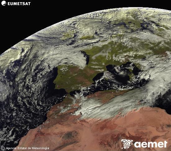 Esta imaxe xrase utilizando informacin das canles visibles do satlite METEOSAT pertencente  segunda xeracin de satlites  Meteosat (MSX). Por ese motivo, s hai informacin na zona iluminada polo sol. Ademais, as canles foron normalizadas para que o brillo non dependa da posicin do sol. martes, 18 novembro  2025 10:00