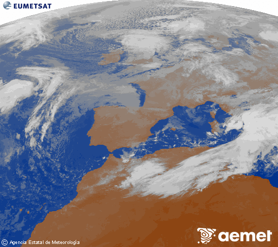 Imagen de la zona de Europa y Norte de frica del canal infrarrojo del satlite Meteosat operacional en 0N 0W, procesada para darle color. Tuesday, 18 November  2025 10:00
