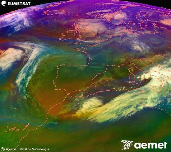 Composition RGB dans laquelle se mlangent diffrents canaux du satellite Meteosat operational in 0N 0W, l'informacin des caractristiques sur les masses d'air et les nuages. mardi, 18 novembre  2025 11:00