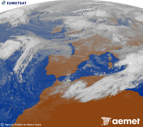 Imagen de la zona de Europa y Norte de frica del canal infrarrojo del satlite Meteosat operacional en 0N 0W, procesada para darle color. dimarts, 18 de novembre  2025 12:00