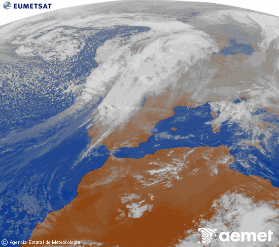 Imagen de la zona de Europa y Norte de frica del canal infrarrojo del satlite Meteosat operacional en 0N 0W, procesada para darle color. lunes, 01 diciembre 2025 a las 15:00