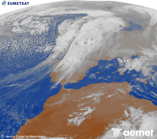 Imagen de la zona de Europa y Norte de frica del canal infrarrojo del satlite Meteosat operacional en 0N 0W, procesada para darle color. lunes, 01 diciembre 2025 a las 17:00