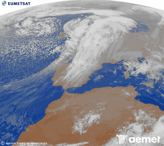 Imagen de la zona de Europa y Norte de frica del canal infrarrojo del satlite Meteosat operacional en 0N 0W, procesada para darle color. lunes, 01 diciembre 2025 a las 19:00