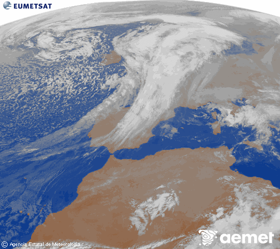 Imagen de la zona de Europa y Norte de frica del canal infrarrojo del satlite Meteosat operacional en 0N 0W, procesada para darle color. lunes, 01 diciembre 2025 a las 21:00