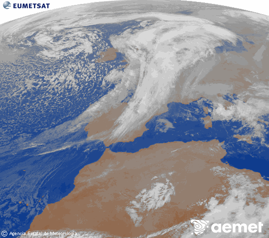 Imagen de la zona de Europa y Norte de frica del canal infrarrojo del satlite Meteosat operacional en 0N 0W, procesada para darle color. lunes, 01 diciembre 2025 a las 22:00