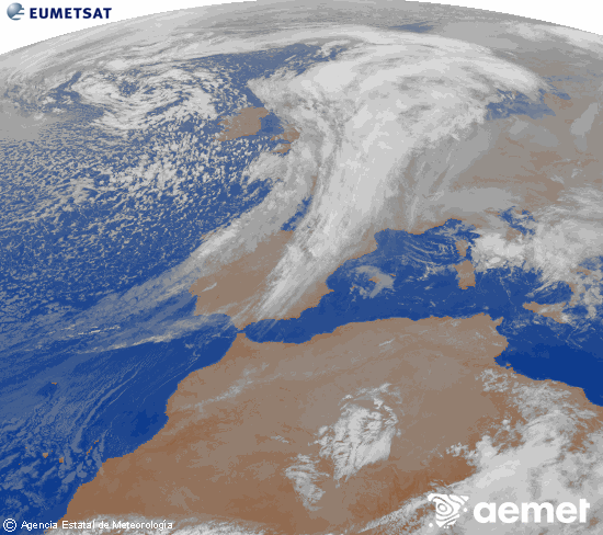 Imagen de la zona de Europa y Norte de frica del canal infrarrojo del satlite Meteosat operacional en 0N 0W, procesada para darle color. lunes, 01 diciembre 2025 a las 23:00