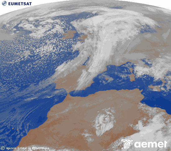 Imagen de la zona de Europa y Norte de frica del canal infrarrojo del satlite Meteosat operacional en 0N 0W, procesada para darle color. martes, 02 diciembre 2025 a las 00:00