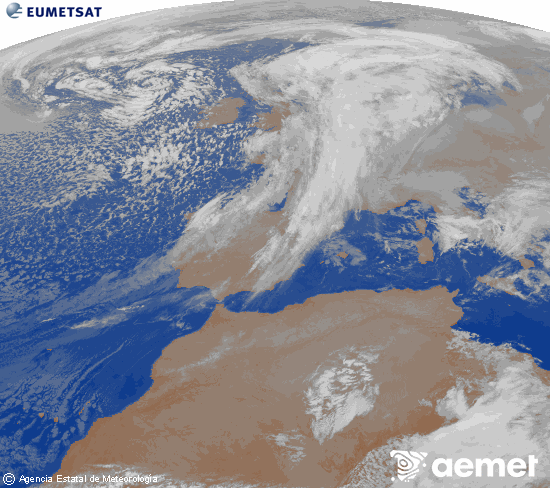 Imagen de la zona de Europa y Norte de frica del canal infrarrojo del satlite Meteosat operacional en 0N 0W, procesada para darle color. martes, 02 diciembre 2025 a las 01:00