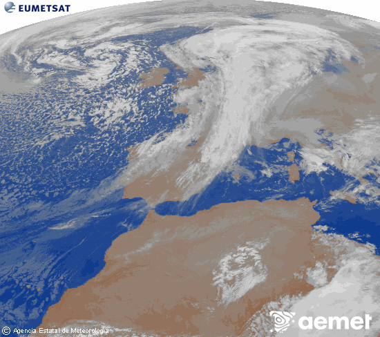 Imagen de la zona de Europa y Norte de frica del canal infrarrojo del satlite Meteosat operacional en 0N 0W, procesada para darle color. martes, 02 diciembre 2025 a las 02:00