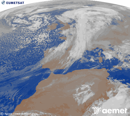 Imagen de la zona de Europa y Norte de frica del canal infrarrojo del satlite Meteosat operacional en 0N 0W, procesada para darle color. martes, 02 diciembre 2025 a las 03:00