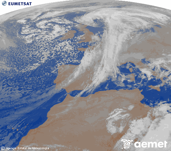 Imagen de la zona de Europa y Norte de frica del canal infrarrojo del satlite Meteosat operacional en 0N 0W, procesada para darle color. martes, 02 diciembre 2025 a las 07:00