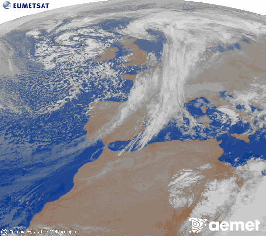 Imagen de la zona de Europa y Norte de frica del canal infrarrojo del satlite Meteosat operacional en 0N 0W, procesada para darle color. martes, 02 diciembre 2025 a las 08:00